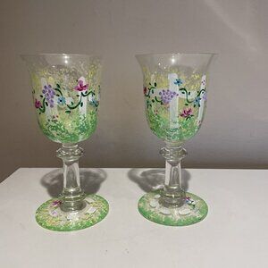 Art Glass Stemmed Goblets Wine or Water Glasses Hand Painted Flowers Signed "CR"